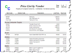 Inventory Price List by Vendor